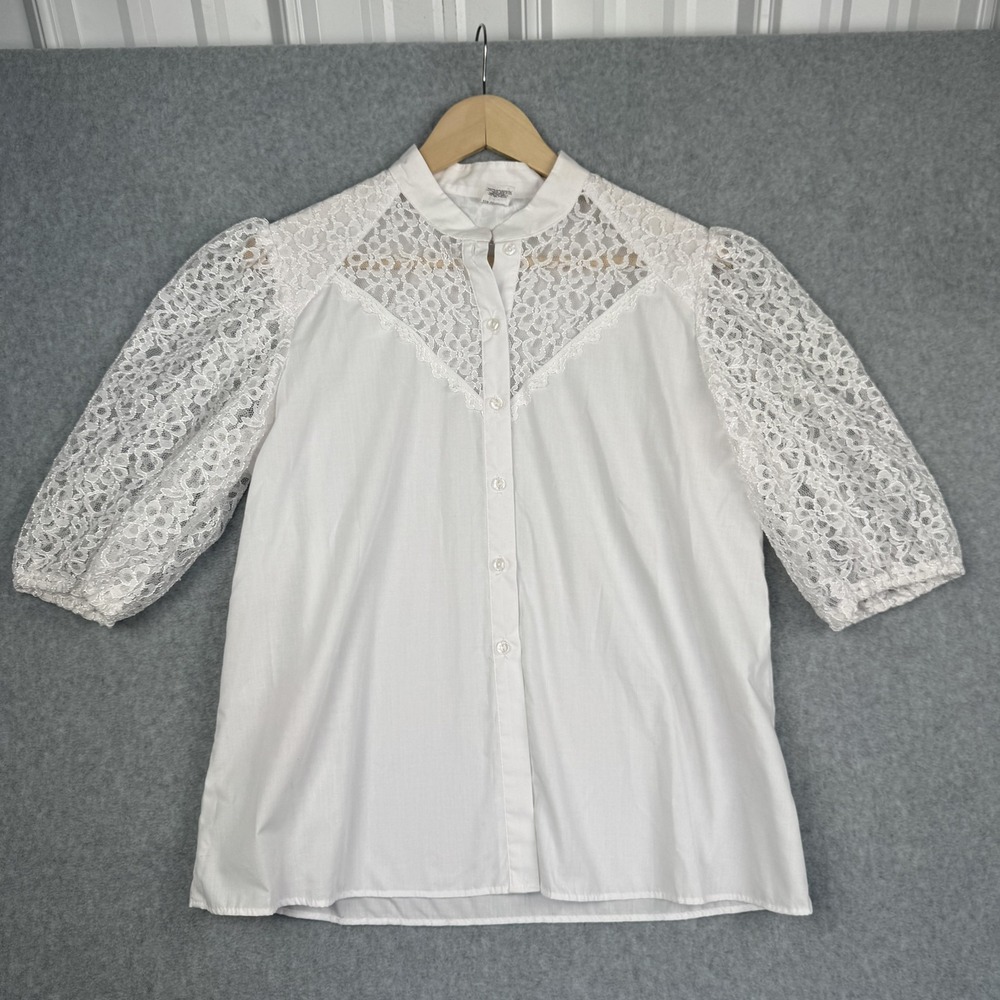 Vintage Malco Modes Blouse Womens Medium White Lace Yoke Half Sleeve Western